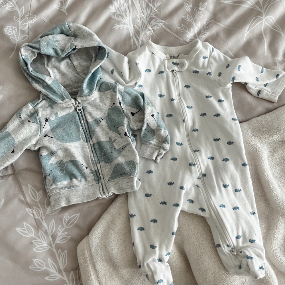 2-pc set: elephant hoodie and rhino onesie 🐘🦏